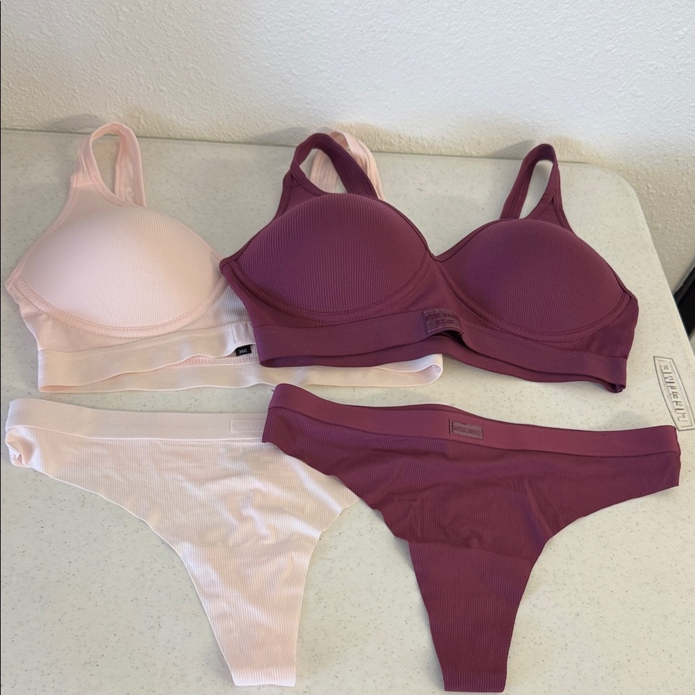 NWOT Steve Madden Ribbed Bra & Thong Set - Blush Pink & Plum